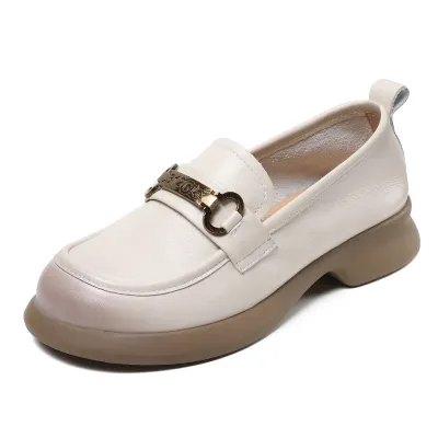 Soft Sole Loafers Cowhide Round Head Buckle Casual Small Leather Shoes 01