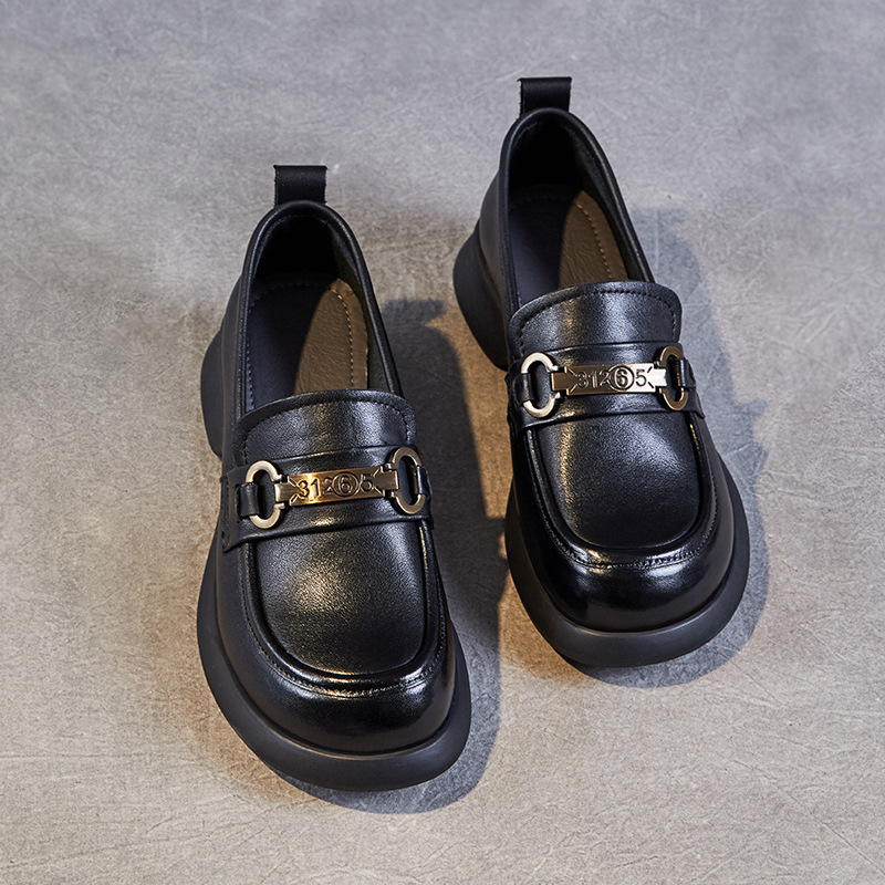 Soft Sole Loafers Cowhide Round Head Buckle Casual Small Leather Shoes