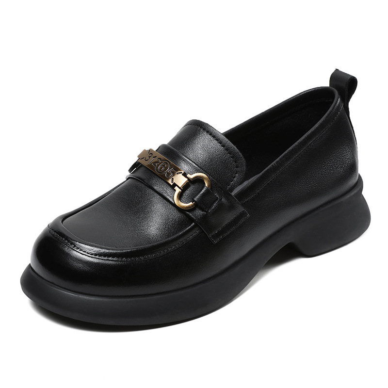 Soft Sole Loafers Cowhide Round Head Buckle Casual Small Leather Shoes