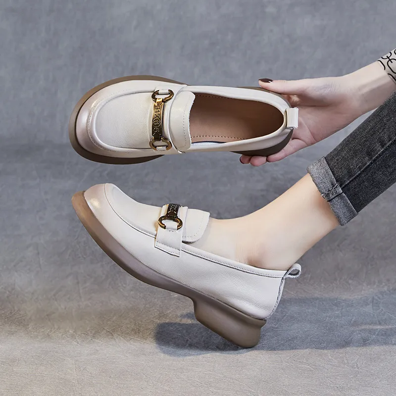 Soft Sole Loafers Cowhide Round Head Buckle Casual Small Leather Shoes