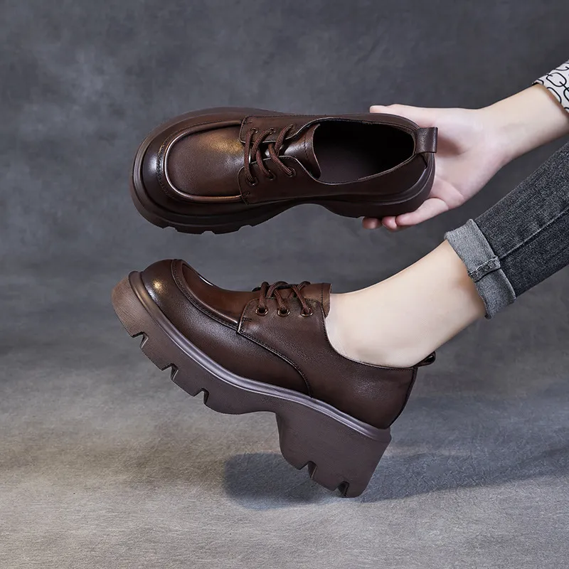 Vintage Little Leather Loafers with Chunky Heels and Thick Soles