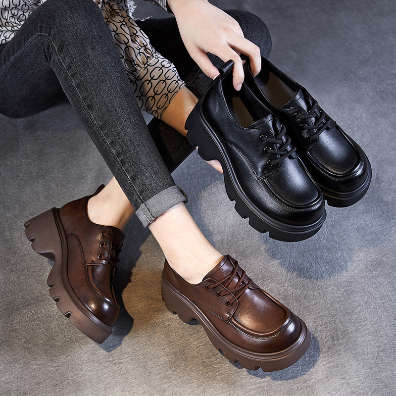 Vintage Little Leather Loafers with Chunky Heels and Thick Soles