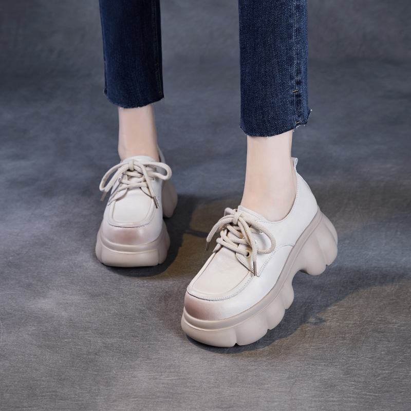 Cowhide Lace-Up All-in-One Casual Platform Elevating Loafers
