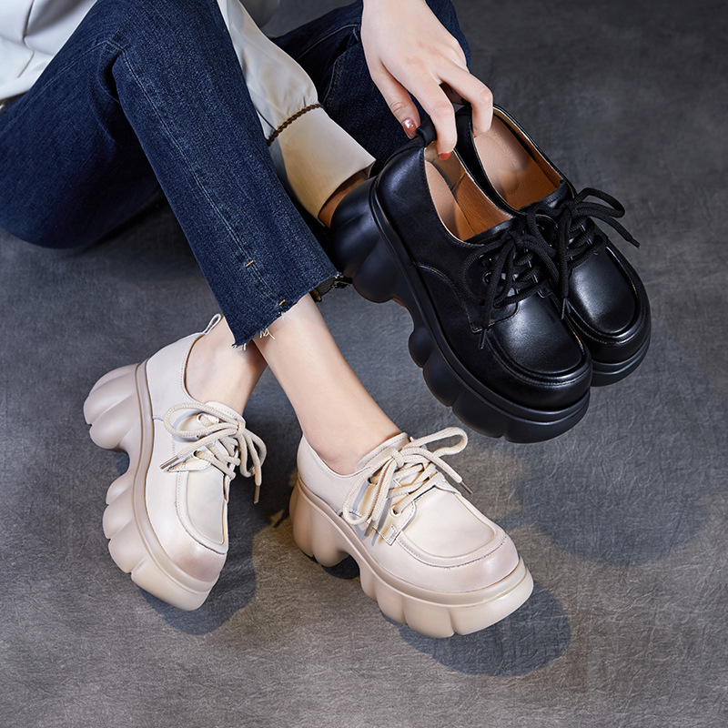Cowhide Lace-Up All-in-One Casual Platform Elevating Loafers