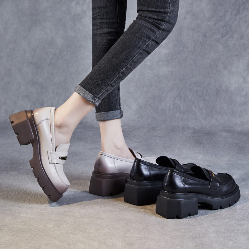 Metal Trim Leather Chunky Heels Platform Loafers