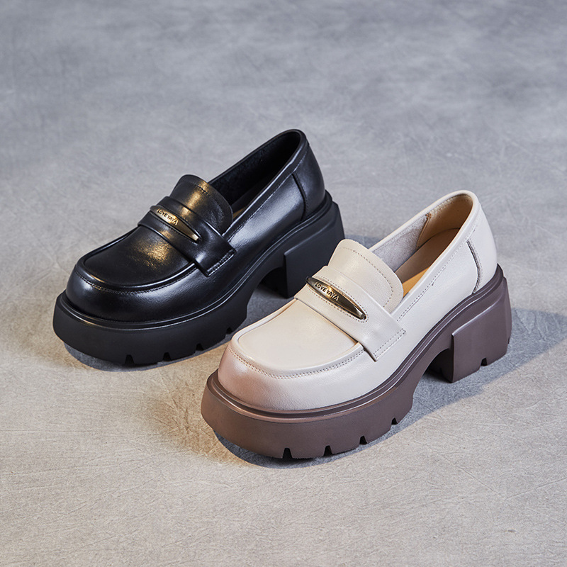 Metal Trim Leather Chunky Heels Platform Loafers