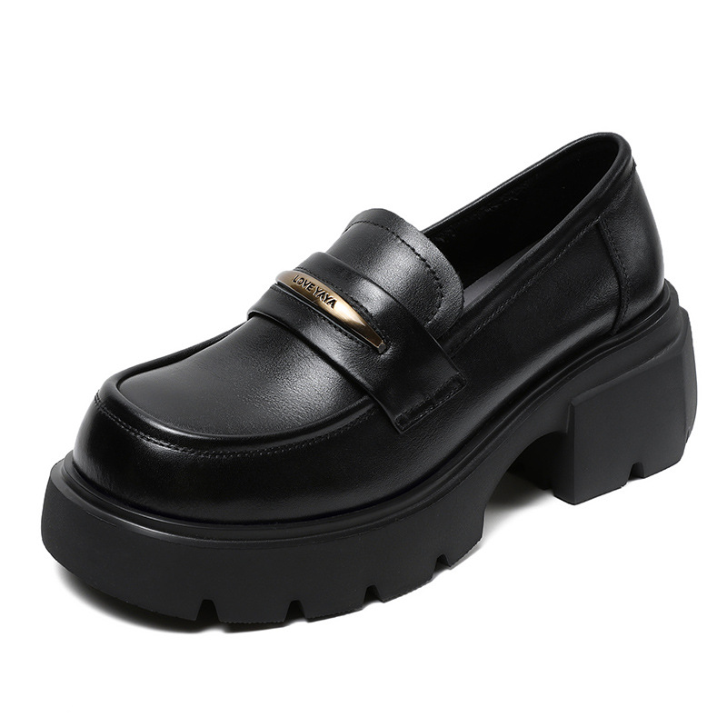 Metal Trim Leather Chunky Heels Platform Loafers