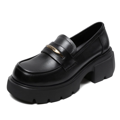 Metal Trim Leather Chunky Heels Platform Loafers 02