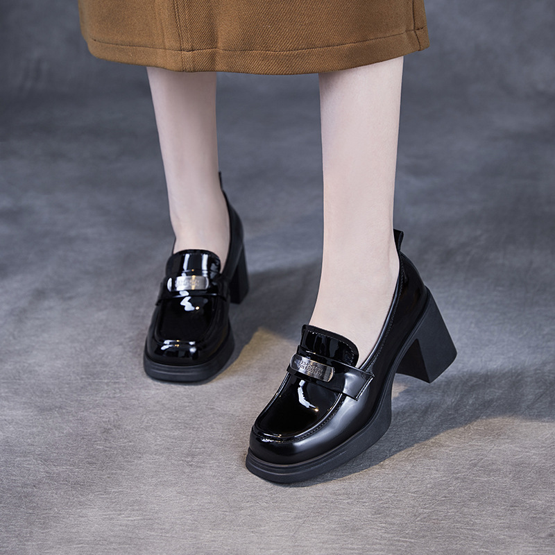 New Heightening Chunky Heels Fashion Metal Leather Loafers