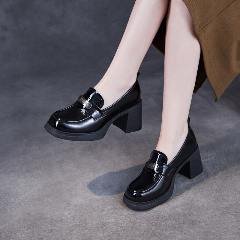 New Heightening Chunky Heels Fashion Metal Leather Loafers