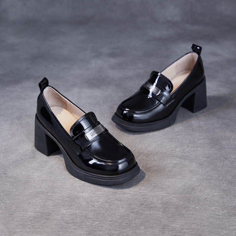 New Heightening Chunky Heels Fashion Metal Leather Loafers