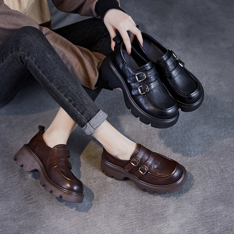 New Thick Sole Light Luxury Black Small Leather Belt Buckle Shoes