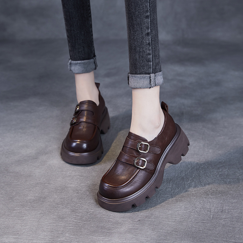 New Thick Sole Light Luxury Black Small Leather Belt Buckle Shoes