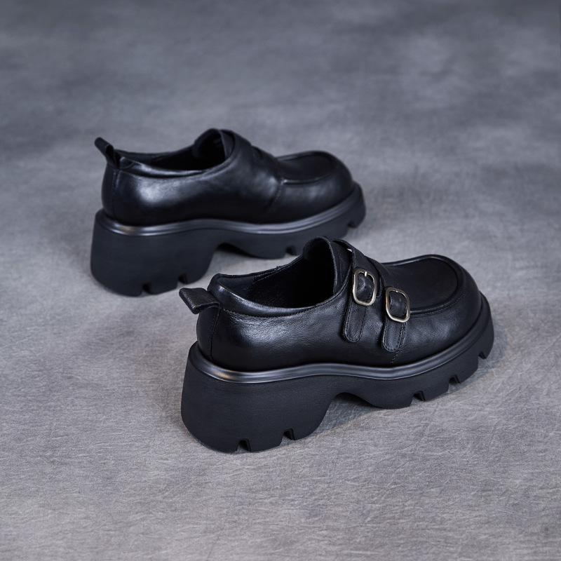 New Thick Sole Light Luxury Black Small Leather Belt Buckle Shoes