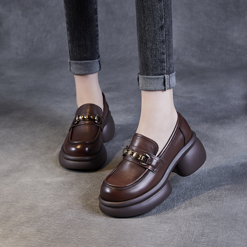 Women's Platform Loafers with Medium Chunky Small Brown Shoes