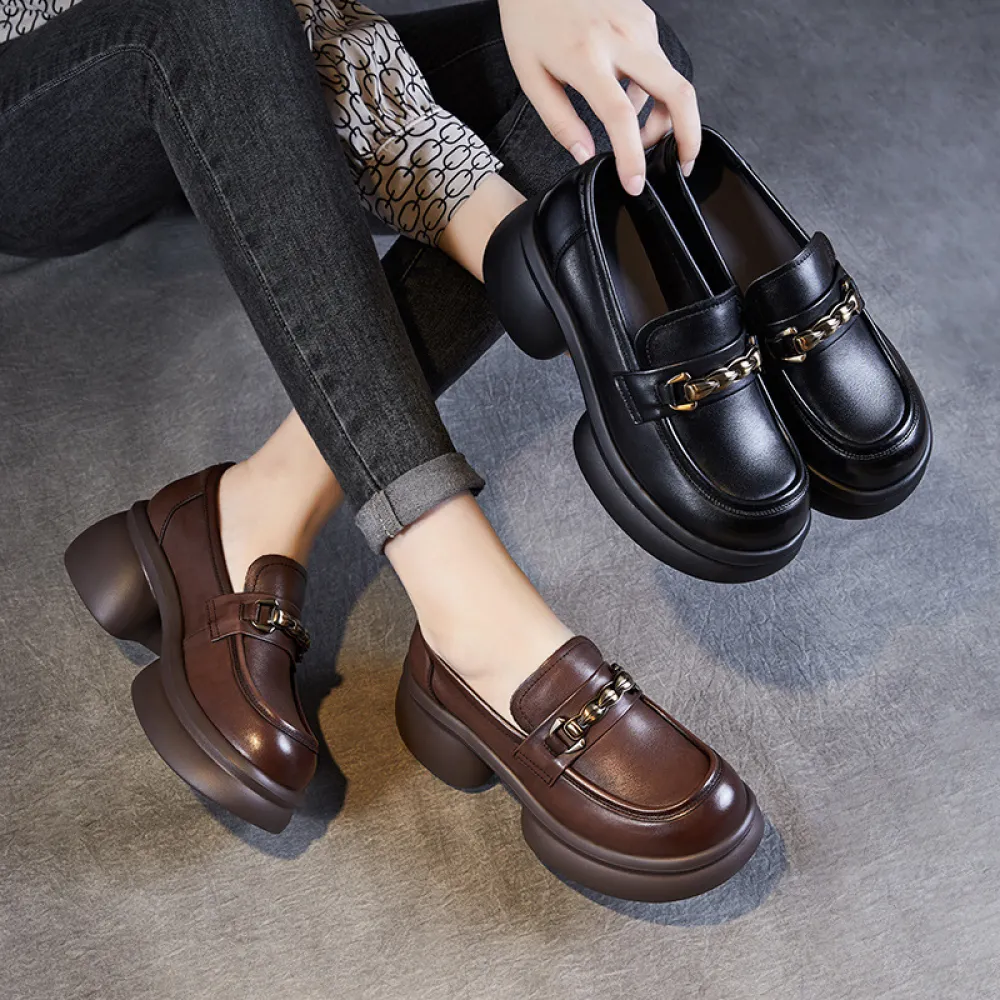 Women's Platform Loafers with Medium Chunky Small Brown Shoes