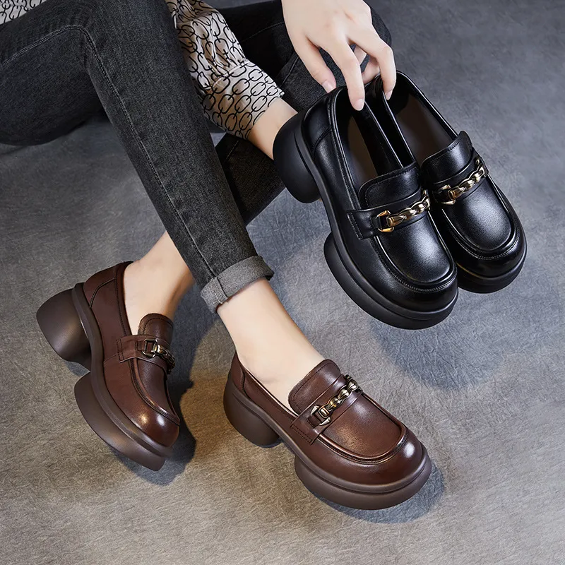 Women's Platform Loafers with Medium Chunky Small Brown Shoes