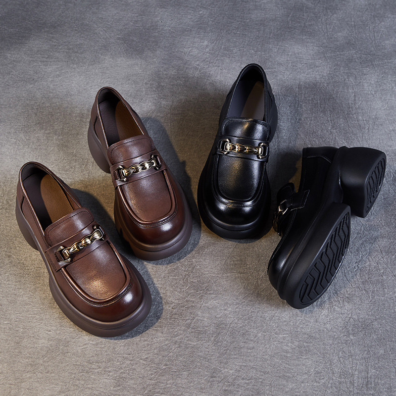 Women's Platform Loafers with Medium Chunky Small Brown Shoes