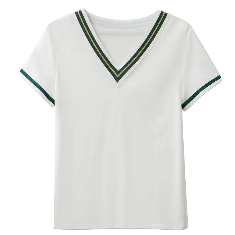 New Cotton V-Neck Webbing Loose Temperament Short-Sleeved T-Shirt