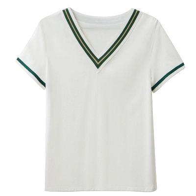 New Cotton V-Neck Webbing Loose Temperament Short-Sleeved T-Shirt 01