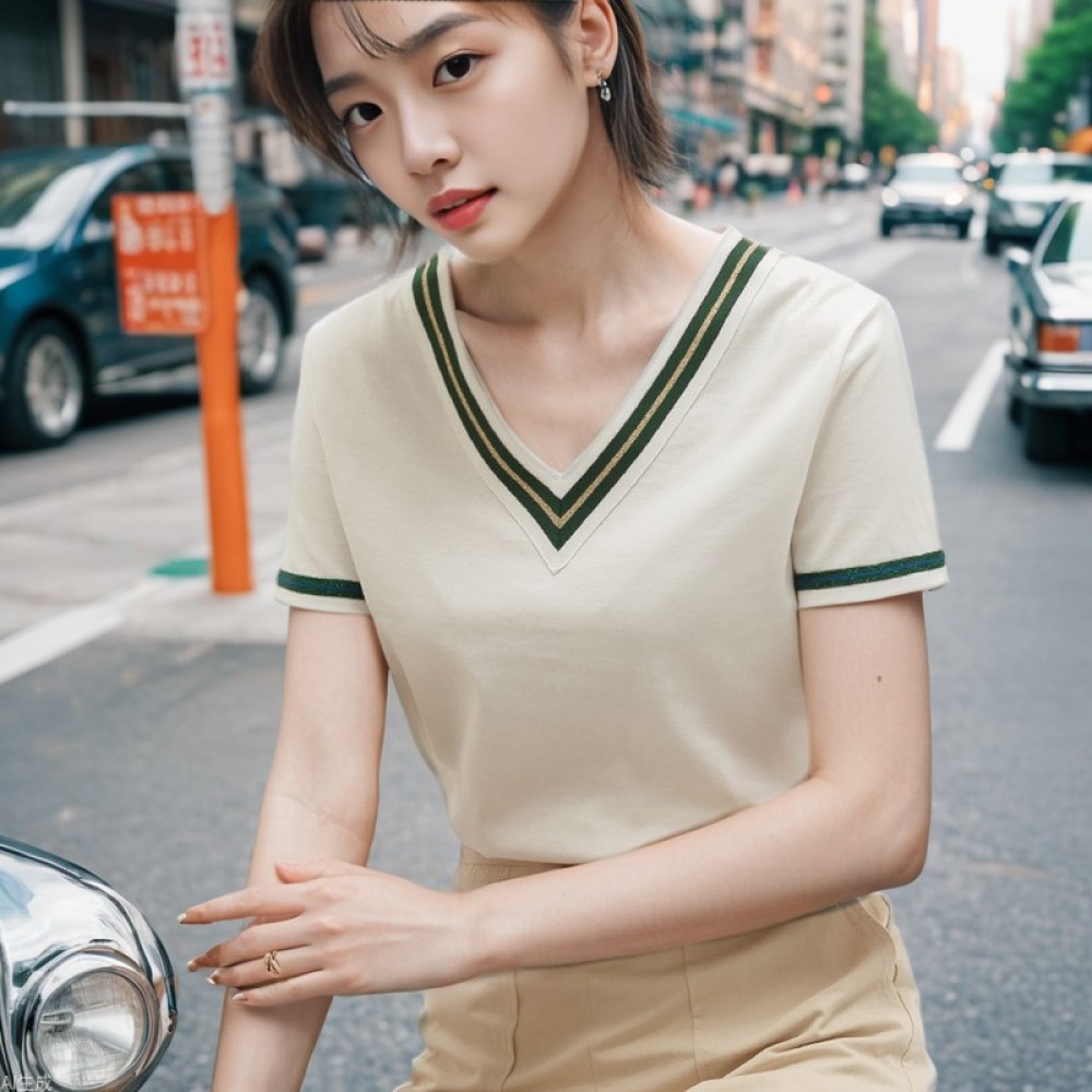 New Cotton V-Neck Webbing Loose Temperament Short-Sleeved T-Shirt