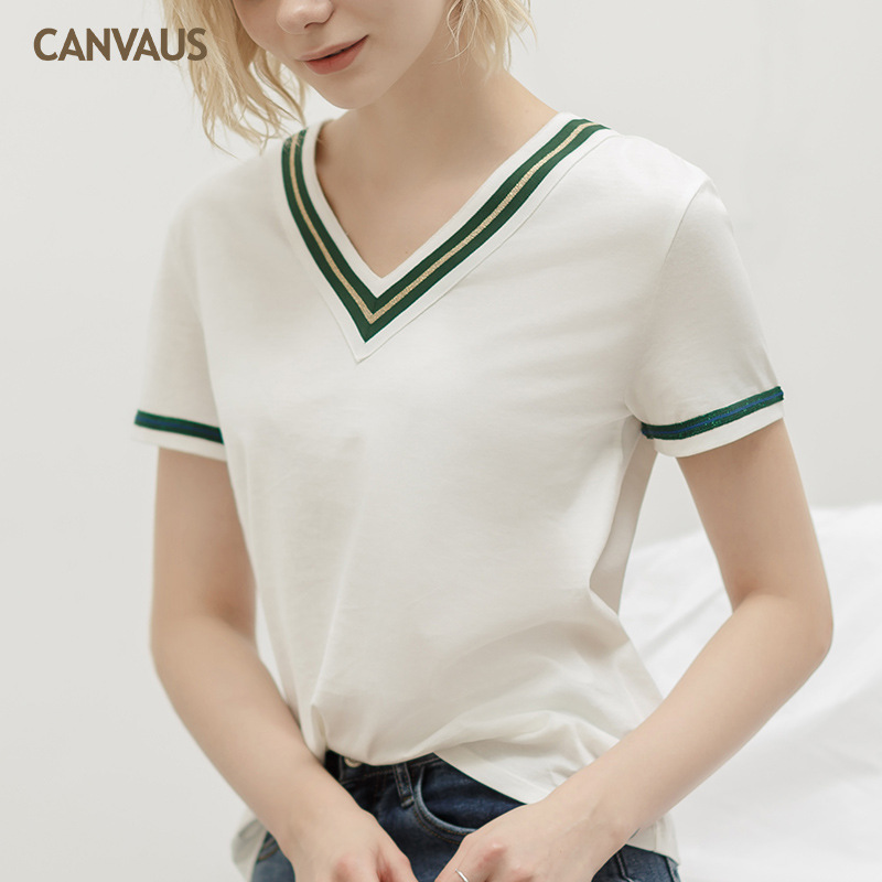 New Cotton V-Neck Webbing Loose Temperament Short-Sleeved T-Shirt