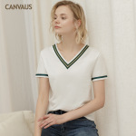 New Cotton V-Neck Webbing Loose Temperament Short-Sleeved T-Shirt