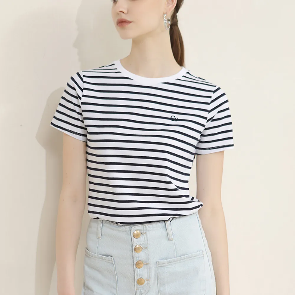 New Embroidered Striped Navy Style Crew Neck T-Shirt Top