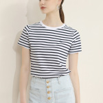 New Embroidered Striped Navy Style Crew Neck T-Shirt Top