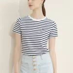New Embroidered Striped Navy Style Crew Neck T-Shirt Top