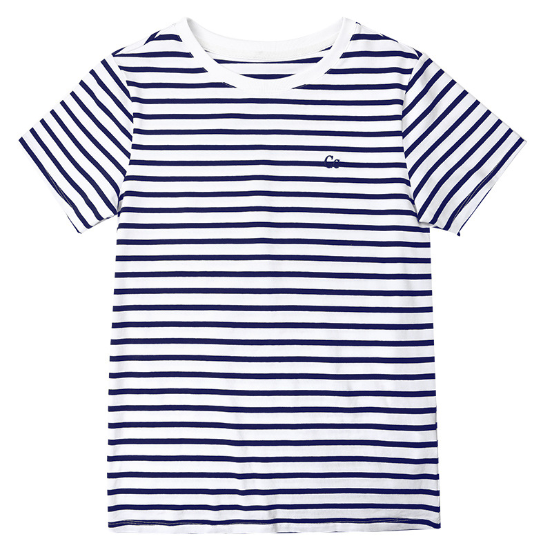New Embroidered Striped Navy Style Crew Neck T-Shirt Top