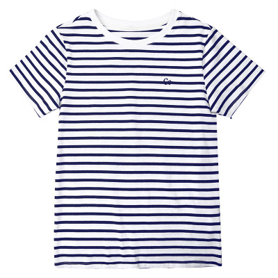 New Embroidered Striped Navy Style Crew Neck T-Shirt Top 01
