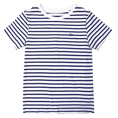 New Embroidered Striped Navy Style Crew Neck T-Shirt Top 01