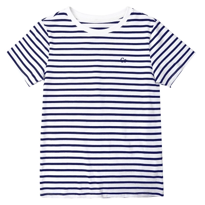 New Embroidered Striped Navy Style Crew Neck T-Shirt Top 01