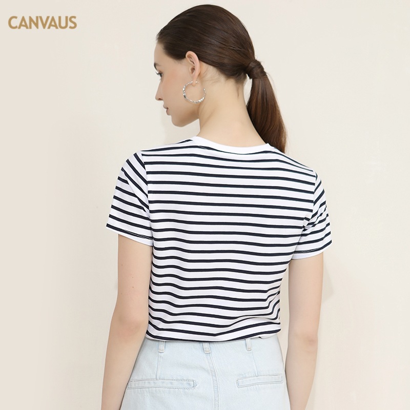 New Embroidered Striped Navy Style Crew Neck T-Shirt Top