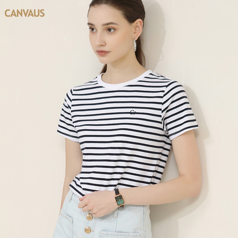 New Embroidered Striped Navy Style Crew Neck T-Shirt Top