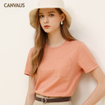 New Short Sleeve T-Shirt Solid Color Cotton Baggy Top with Pockets