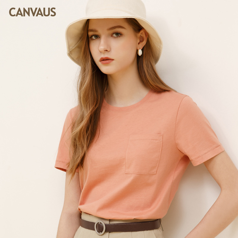 New Short Sleeve T-Shirt Solid Color Cotton Baggy Top with Pockets