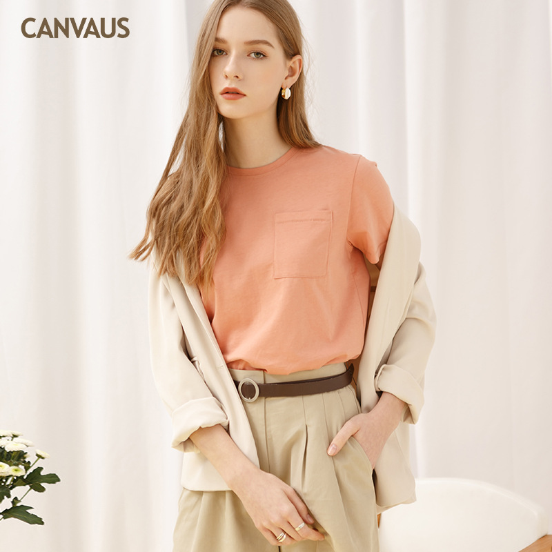 New Short Sleeve T-Shirt Solid Color Cotton Baggy Top with Pockets