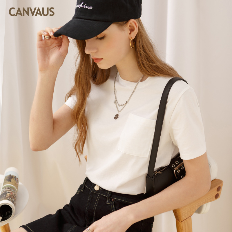 New Short Sleeve T-Shirt Solid Color Cotton Baggy Top with Pockets