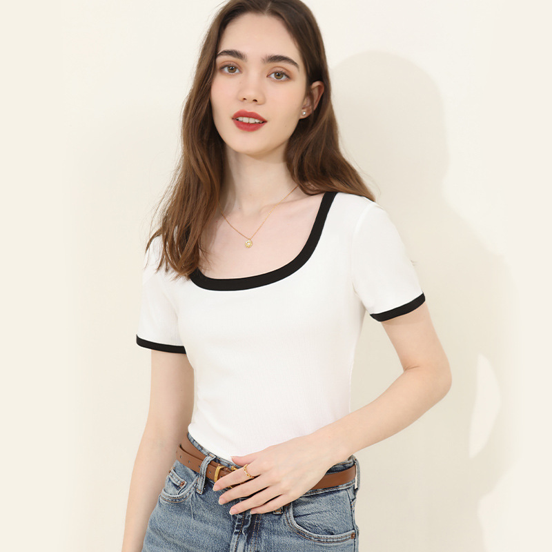 New Short Sleeve T-Shirt with Square Neck and Shoulder Design