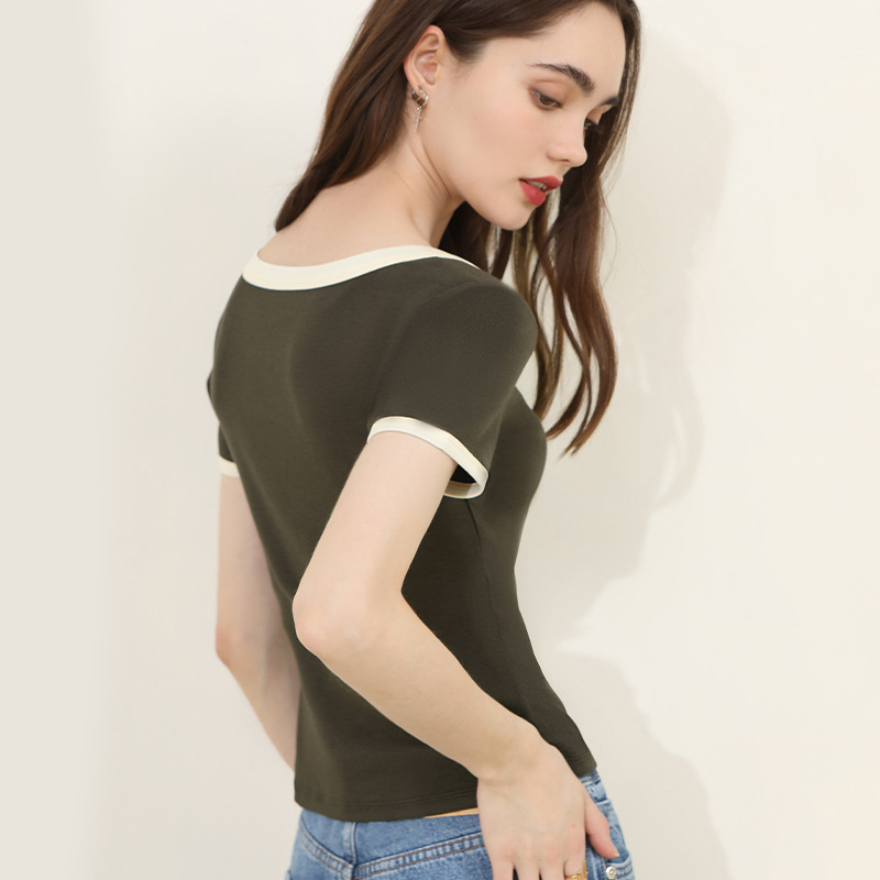 New Short Sleeve T-Shirt with Square Neck and Shoulder Design