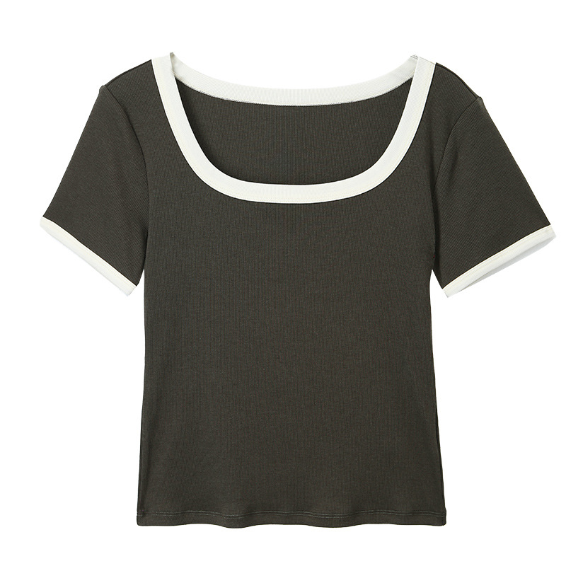 New Short Sleeve T-Shirt with Square Neck and Shoulder Design