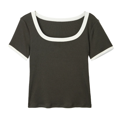 New Short Sleeve T-Shirt with Square Neck and Shoulder Design 01