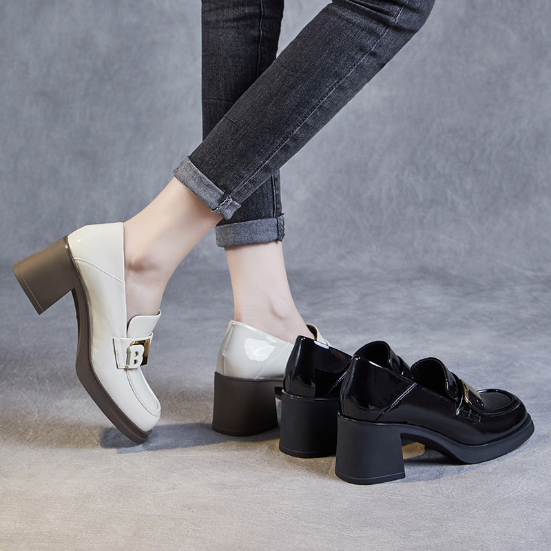 Patent Leather Thick Heels Square Leather B-Button Loafers