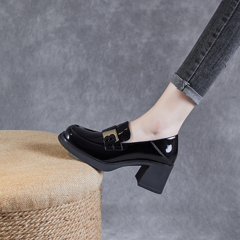 Patent Leather Thick Heels Square Leather B-Button Loafers