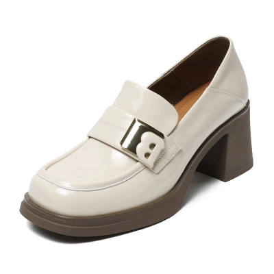 Patent Leather Thick Heels Square Leather B-Button Loafers 02