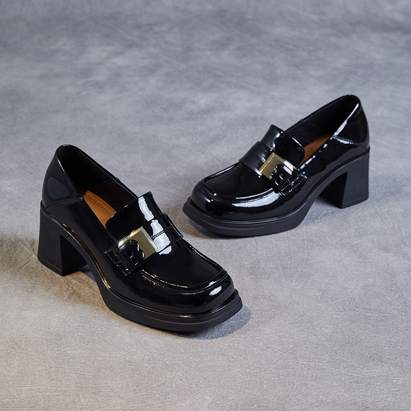 Patent Leather Thick Heels Square Leather B-Button Loafers