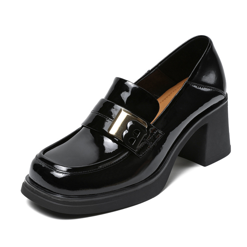 Patent Leather Thick Heels Square Leather B-Button Loafers