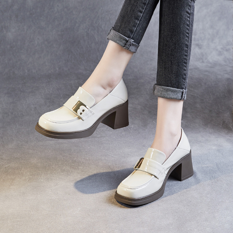 Patent Leather Thick Heels Square Leather B-Button Loafers